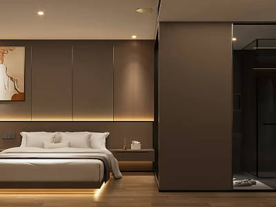 Modern Hotel Guest Room With Brown Walls White Bedding Recessed Lighting And Glass Partition 3d model