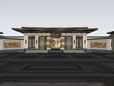 Traditional Chinese Entrance Gate With Sloped Roof Plaque And Ornamental Stone Paving 3d model