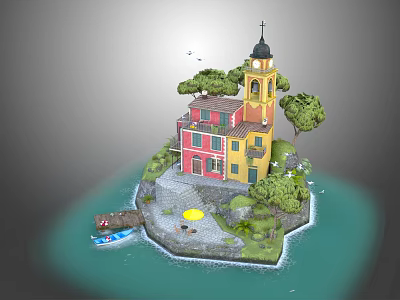 Vibrant Cartoon Scene of Small Island with Colorful Buildings Bell Tower Trees and Boat 3d model