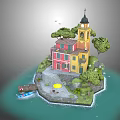 Vibrant Cartoon Scene of Small Island with Colorful Buildings Bell Tower Trees and Boat