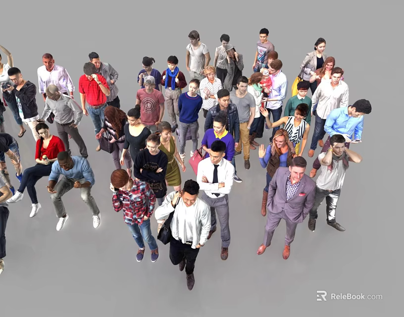 Crowd of People in Diverse Outfits and Various Poses on Gray Background 3d model
