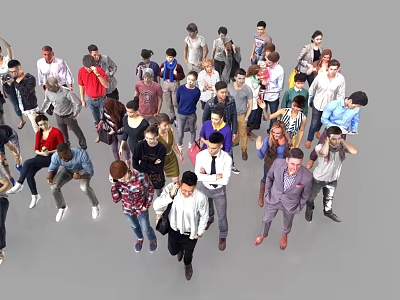 Crowd of People in Diverse Outfits and Various Poses on Gray Background 3d model