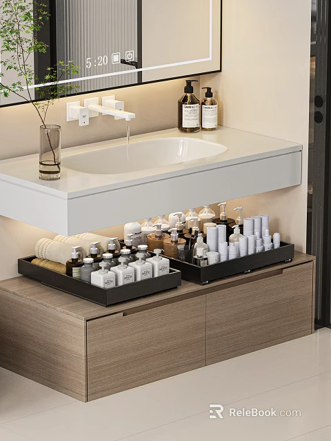 Modern Bathroom Set With Faucet Sink Countertop Storage Trays And Skincare Bottles 3d model 