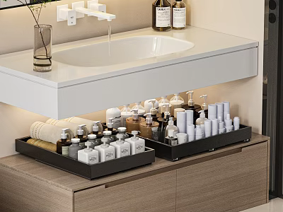 Modern Bathroom Set With Faucet Sink Countertop Storage Trays And Skincare Bottles 3d model