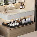 Modern Bathroom Set With Faucet Sink Countertop Storage Trays And Skincare Bottles