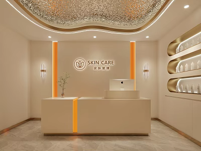 Beauty Hair Salon Skin Care Reception Area With Modern Design Decorative Lights And Product Shelves 3d model