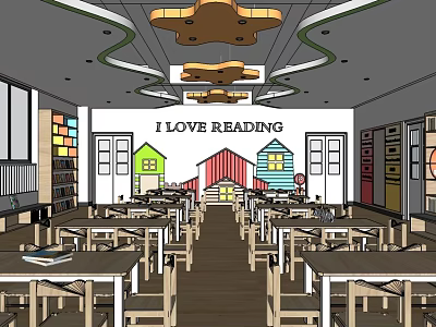 Kindergarten Reading Room With I LOVE READING Sign Tables Chairs Bookshelves And Colorful Decorations 3d model