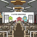 Kindergarten Reading Room With I LOVE READING Sign Tables Chairs Bookshelves And Colorful Decorations