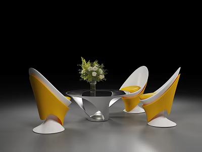Stylish Table and Chair Set Featuring Yellow White Chairs Round Glass Table and Floral Centerpiece 3d model