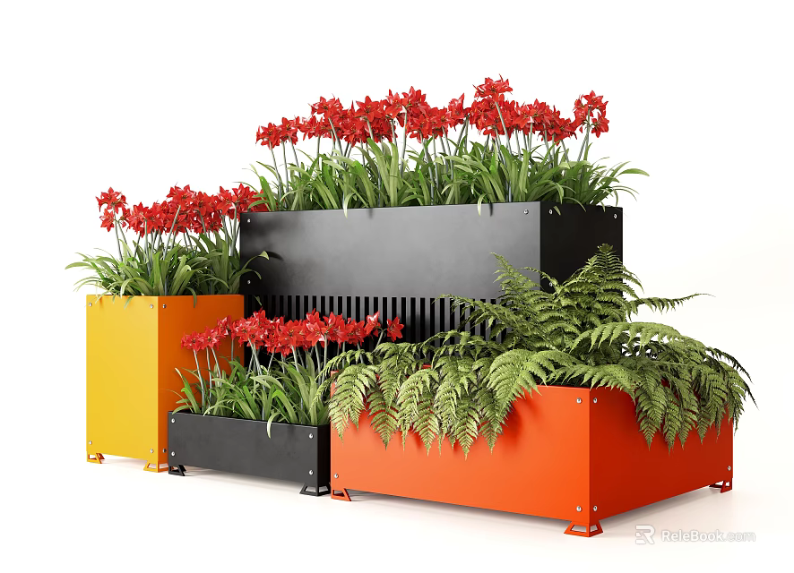 Colorful Potted Plants in Yellow Black and Orange Planters with Red Flowers and Ferns 3d model 