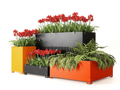 Colorful Potted Plants in Yellow Black and Orange Planters with Red Flowers and Ferns 3d model