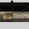Oriental Themed Interior Space With Wooden Lattice Mountain Lighting And Rockery
