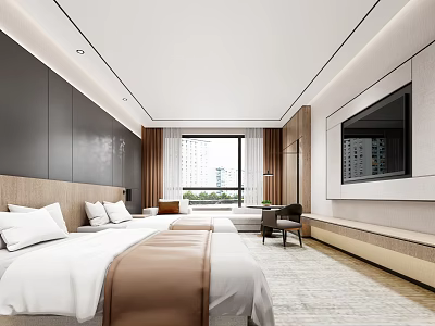 Modern Hotel Room Interior Design With Large Bed City View And Flat Screen TV 3d model