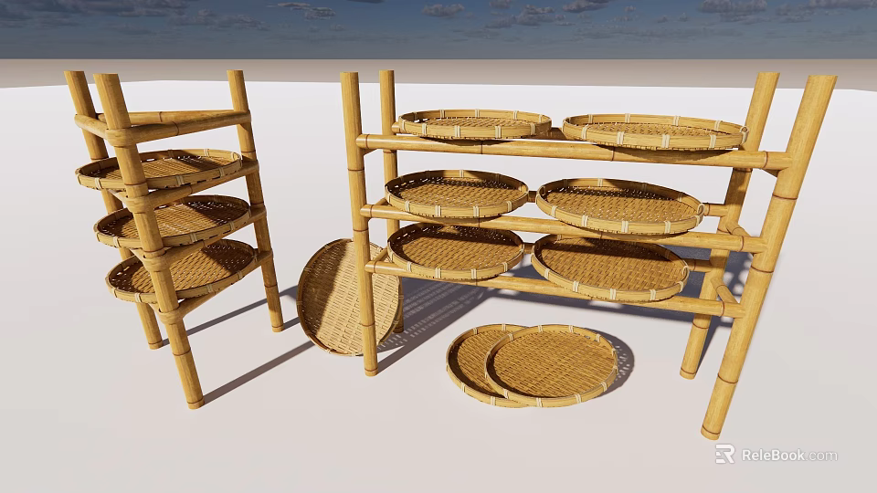 Bamboo Display Shelves with Multiple Tiers and Round Woven Bamboo Trays 3d model 