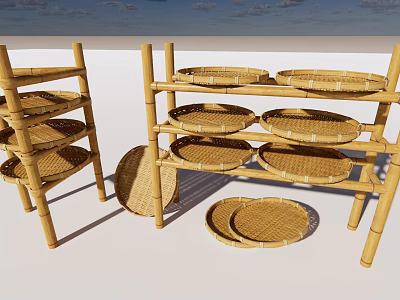 Bamboo Display Shelves with Multiple Tiers and Round Woven Bamboo Trays 3d model