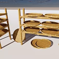 Bamboo Display Shelves with Multiple Tiers and Round Woven Bamboo Trays