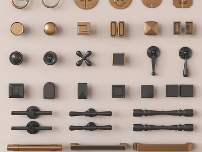 Various Decorative Furniture Handles With Different Shapes Colors And Metal Finishes 3d model