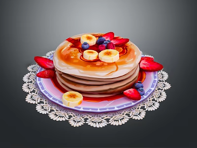 Stack of Pancakes with Banana Slices Strawberries Blueberries and Syrup on Lace Doily Plate 3d model