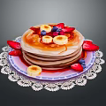 Stack of Pancakes with Banana Slices Strawberries Blueberries and Syrup on Lace Doily Plate