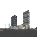 Modern Commercial Street With Tall Glass Buildings And Shopping Mall Outdoor Area And Bright Lighting