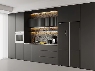 Modern Kitchen Sideboard With Black Cabinetry Sleek Design Patterned Backsplash And Lighting 3d model