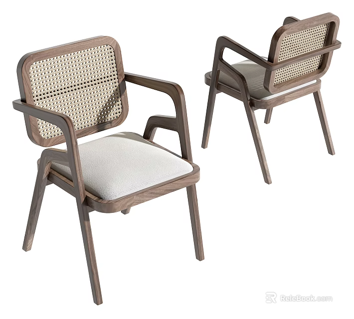 Modern Rattan Back Wooden Chair With Beige Cushioned Seat And Armrests 3d model 