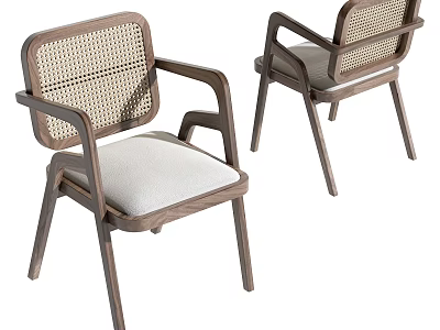 Modern Rattan Back Wooden Chair With Beige Cushioned Seat And Armrests 3d model