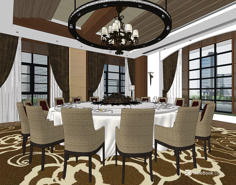 Elegant Private Dining Room With Round Table White Tablecloth Chandelier And Large Windows 3d model