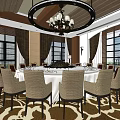 Elegant Private Dining Room With Round Table White Tablecloth Chandelier And Large Windows 3d model