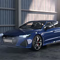 Blue Audi Sedan With Sleek Body Lines Headlights On In Industrial Garage Black Wheels Red Accents