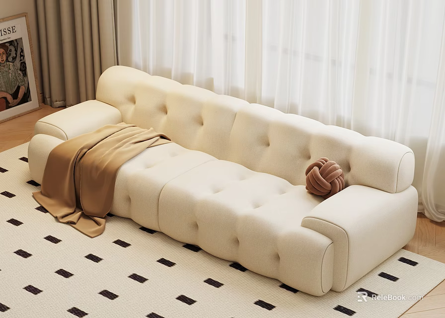 Beige Multi Person Tufted Sofa With Brown Blanket And Knitted Ball On Checkered Rug 3d model 