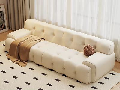 Beige Multi Person Tufted Sofa With Brown Blanket And Knitted Ball On Checkered Rug 3d model