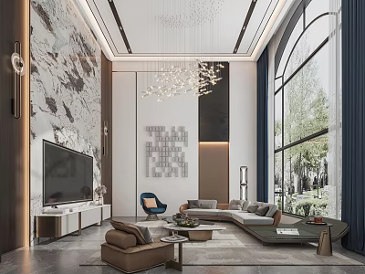 Modern Living Room Interior With Large TV Decorative Wall Chandelier And Comfortable Sofa 3d model