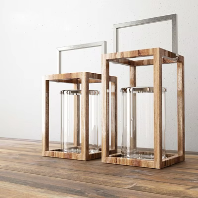 Candle Lanterns With Wooden Frame Transparent Glass And Metal Handle On Wooden Floor 3d model