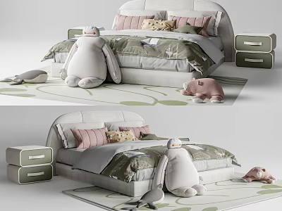 Adorable Kids Bed with Pink Headboard Green Gray Quilt Light Green Nightstand and Stuffed Toys 3d model