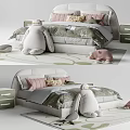 Adorable Kids Bed with Pink Headboard Green Gray Quilt Light Green Nightstand and Stuffed Toys