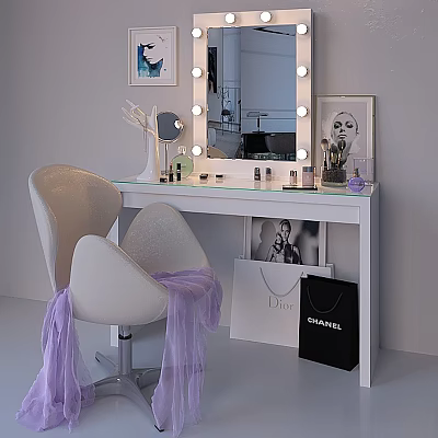 Dressing Table With Lighted Mirror Chair Purple Fabric Cosmetics Dior Chanel Shopping Bags 3d model