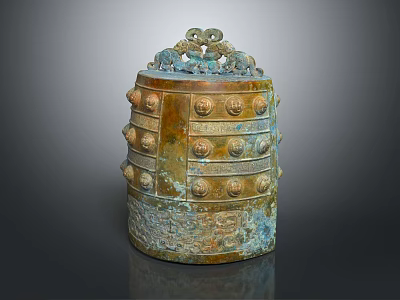 Ancient Chinese Bronze Bell With Dragon Shaped Ornaments Nipple Decorations And Intricate Patterns 3d model
