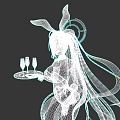 Game Movie Character With Bunny Ears Black Bodysuit Purple Hair Tray Holding Yellow Items