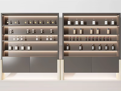 Modern Display Shelves with Multiple Layers Bottled Products Integrated Lighting Dark Colored and White Supports 3d model
