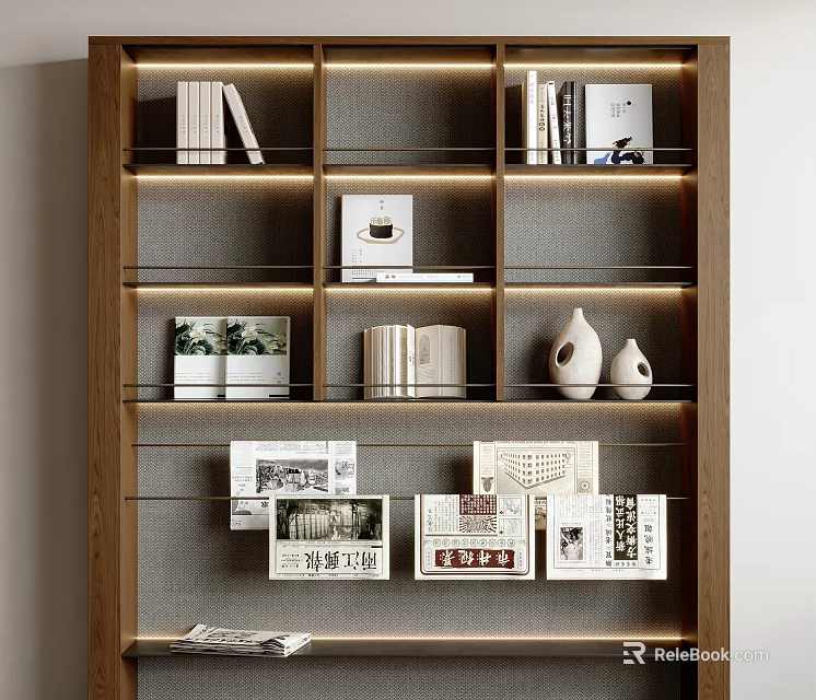 Modern Minimalist Wooden Bookshelf With Gray Backboard Multiple Compartments Books Magazines And White Vases 3d model 