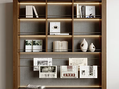 Modern Minimalist Wooden Bookshelf With Gray Backboard Multiple Compartments Books Magazines And White Vases 3d model