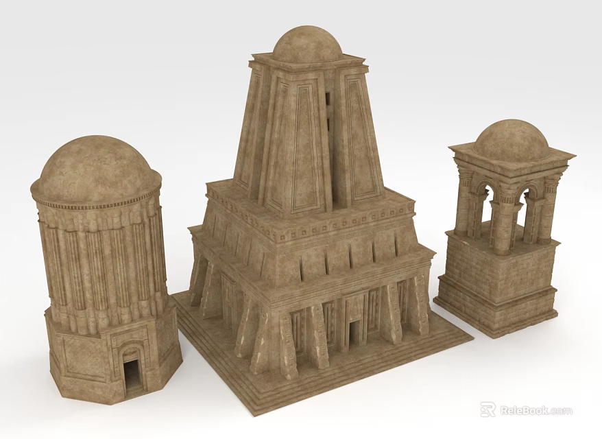 Classical Stone Tower Main Structure With Two Smaller Domed Towers And Columned Details 3d model