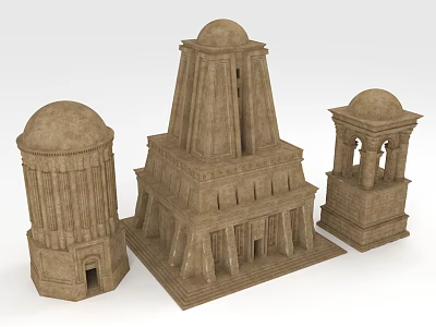 Classical Stone Tower Main Structure With Two Smaller Domed Towers And Columned Details 3d model