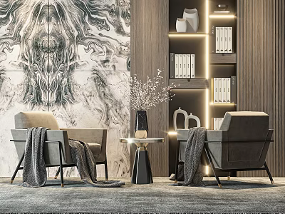 Modern Living Room With Stylish Leisure Chairs Gray Throws Round Table And Marble Art 3d model