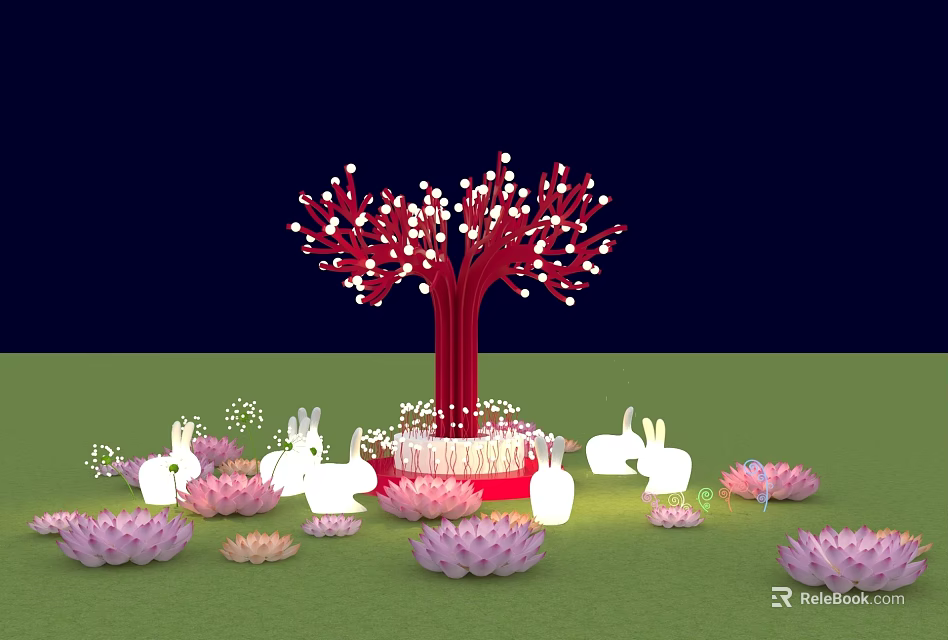 Red Decorative Tree With White Lights Rabbit Ornaments And Pink Lotus Flowers On Green Grass 3d model 