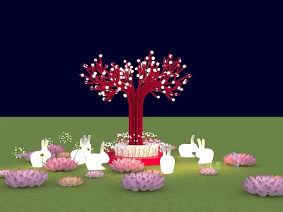 Red Decorative Tree With White Lights Rabbit Ornaments And Pink Lotus Flowers On Green Grass 3d model