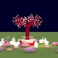 Red Decorative Tree With White Lights Rabbit Ornaments And Pink Lotus Flowers On Green Grass
