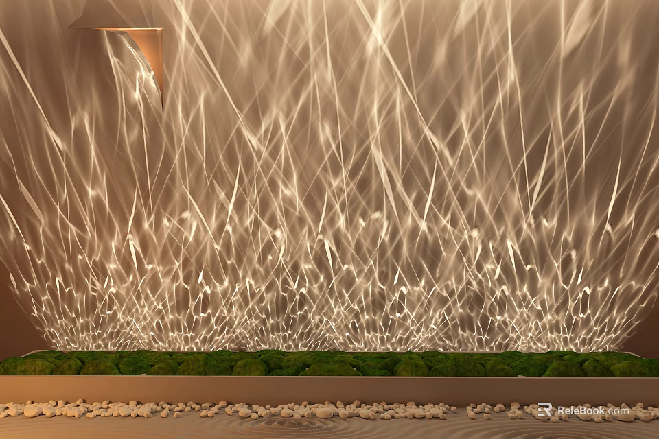 Elegant Strand Decorative Lights Creating Wall Art With Green Grass And Pebbles 3d model 