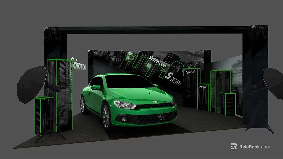 Display Shelves in Modern Car Exhibition With Green Vehicle and Speed Theme Backdrop 3d model 